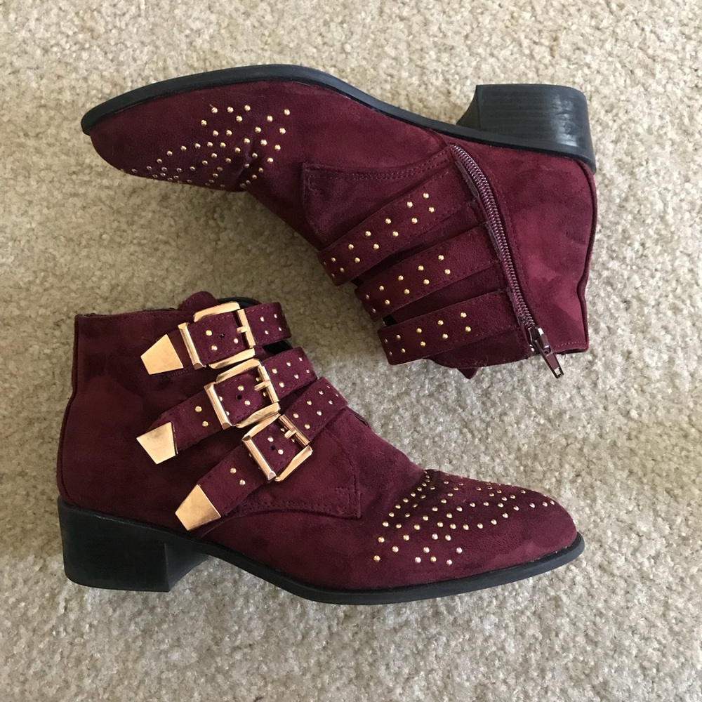 ASOS maroon and gold studded booties